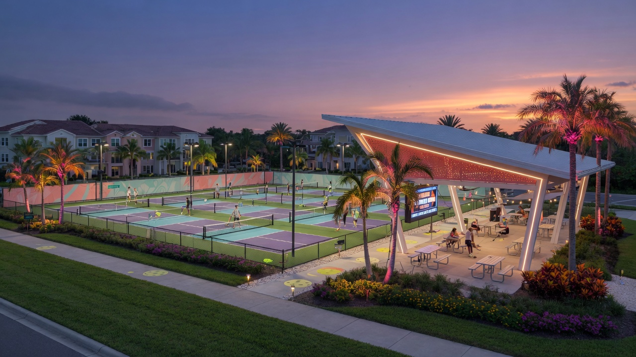 Sports complex with twelve pickleball courts, modern pavilion, and landscaping at dusk in a Florida master-planned community, realistic 8K