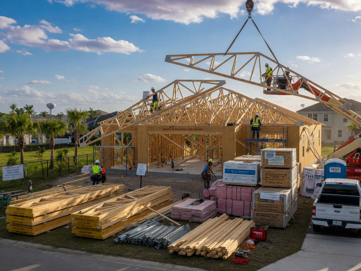 Construction site of a new home in Estero Florida with workers installing hurricane-rated roof trusses, building materials neatly organized, blue sky with scattered clouds, documentary style realism