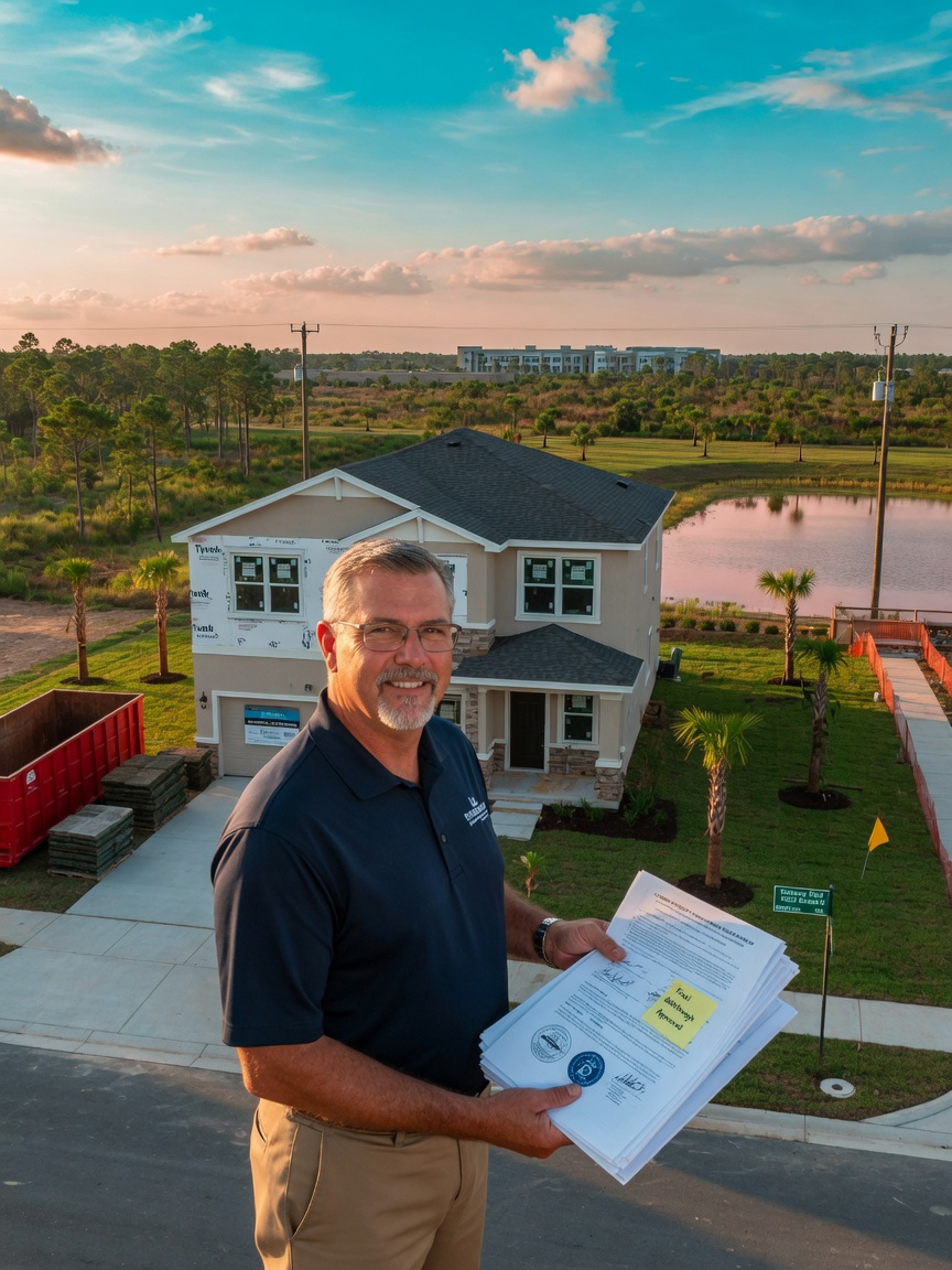 Realistic 8K photo of Dennis McLaughlin standing outside a new construction home in Gateway FGCU area holding property documents with Estero landscape in background