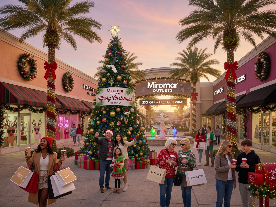 8K ultra-realistic view of Miromar Outlets shopping center in Estero FL during Christmas season with festive decorations and happy shoppers