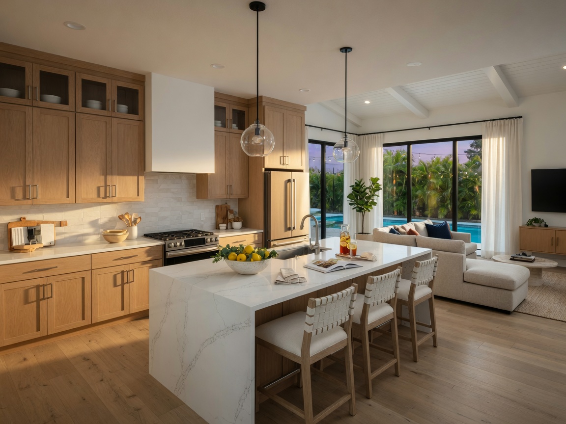 Open concept kitchen and great room in a new Lennar-style home with light oak cabinetry, large island, and sliding glass doors to lanai, photorealistic 8K