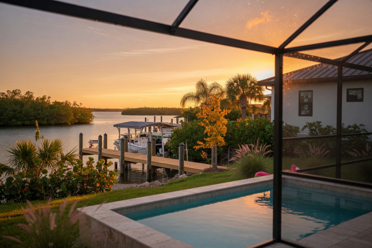 Tranquil waterfront view from the backyard of a newly constructed home in the Kingston Estero community, private dock, screened lanai with pool, native Florida vegetation, golden sunset lighting, photorealistic