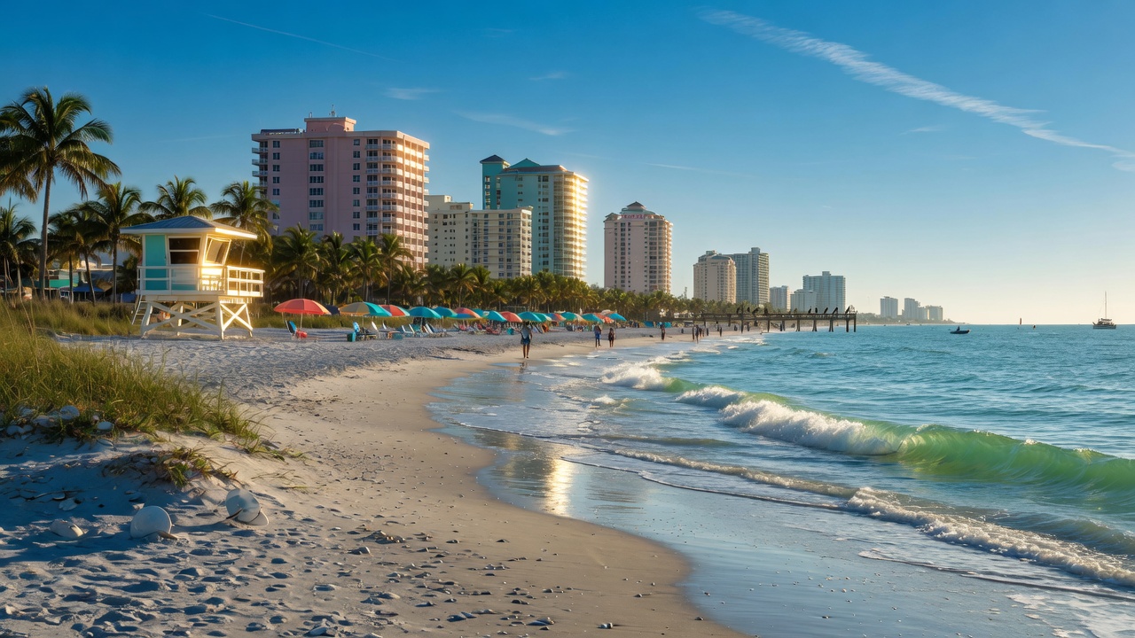 8K cinematic image of Fort Myers Beach coastline with gentle waves and high-rise buildings visible in distance on clear sunny day