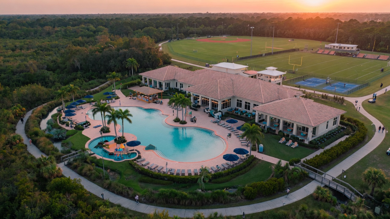 Wide aerial perspective of a 30-acre amenity campus featuring pool, sports fields, and clubhouse surrounded by Florida preserve, late afternoon light, 8K ultra realistic
