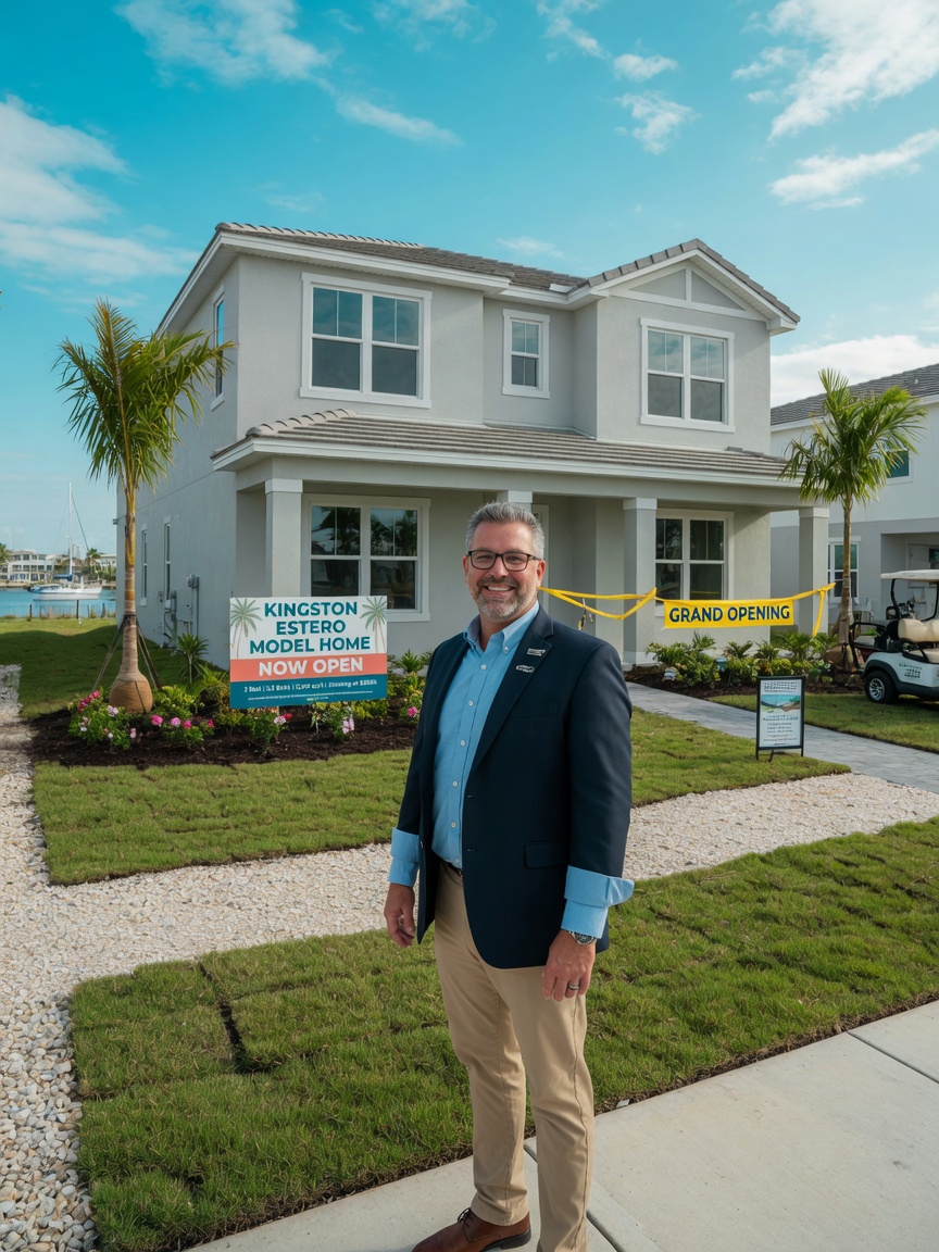 Dennis McLaughlin standing outside a newly completed Kingston Estero model home wearing professional business casual attire, friendly expression, Fort Myers Beach real estate setting, natural daylight