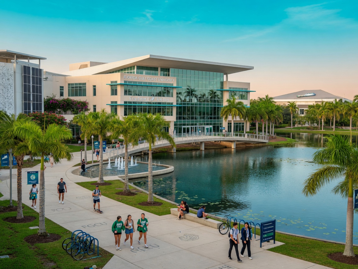 Ultra-realistic 8K photograph of Florida Gulf Coast University campus modern architecture with students walking near lakes and palm trees