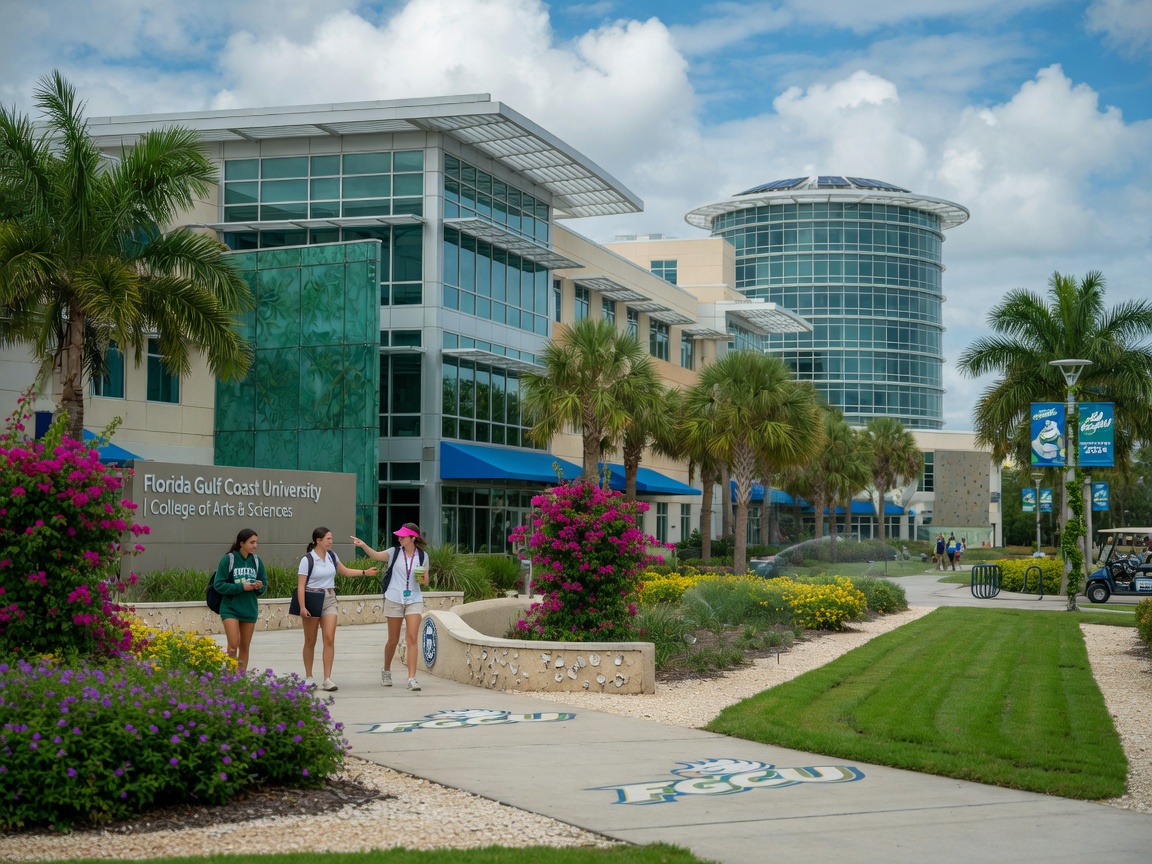 Ultra-detailed 8K photograph of Florida Gulf Coast University campus in Estero with students walking near modern architecture and beautiful landscaping