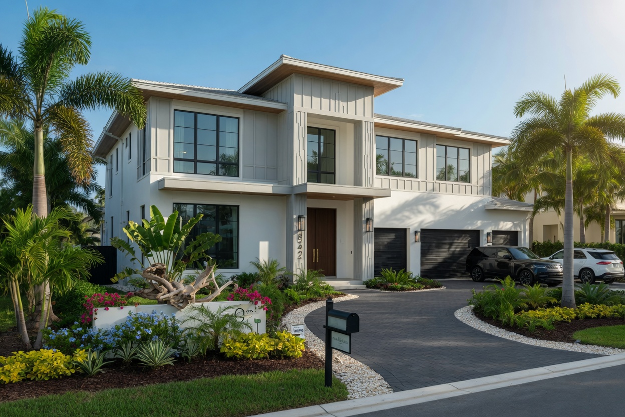 Single-family executive home exterior with contemporary coastal architecture, lush landscaping, and driveway in Estero new construction community, sunny 8K
