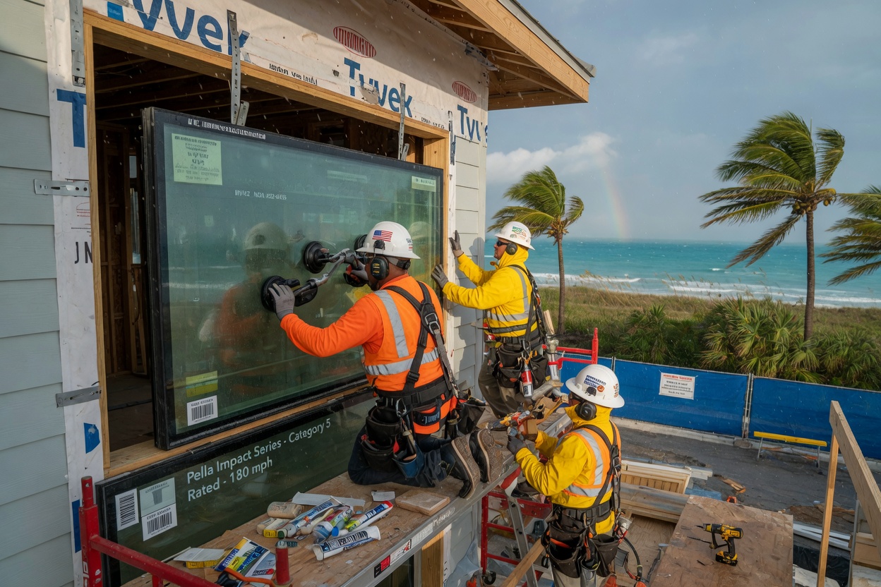 Detailed 8K image of high-velocity hurricane zone impact glass windows being installed on a new coastal home in Fort Myers Beach Florida, construction workers in safety gear, realistic textures
