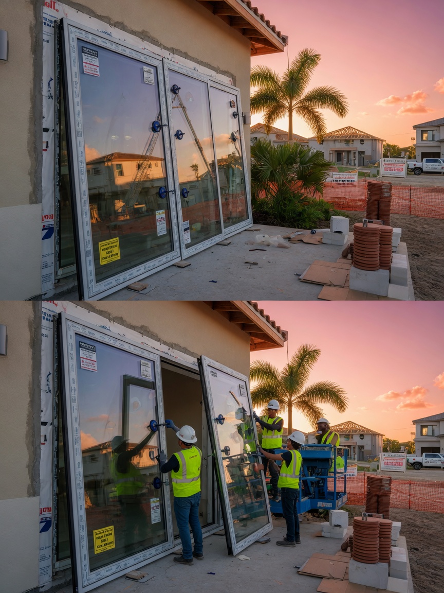 Detailed 8K image showing hurricane impact windows and doors being installed on a new home construction site in Estero Florida