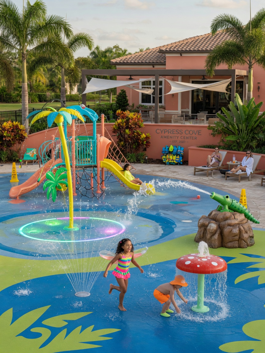 Children’s splash park and playground area with water features and safety surfacing at a Southwest Florida community amenity center, photorealistic 8K