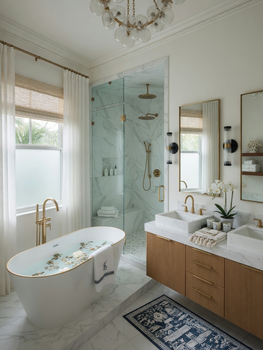 Luxurious master bathroom in a Kingston Estero new construction home featuring freestanding soaking tub, walk-in shower with frameless glass, double vanity, modern coastal design, soft natural lighting