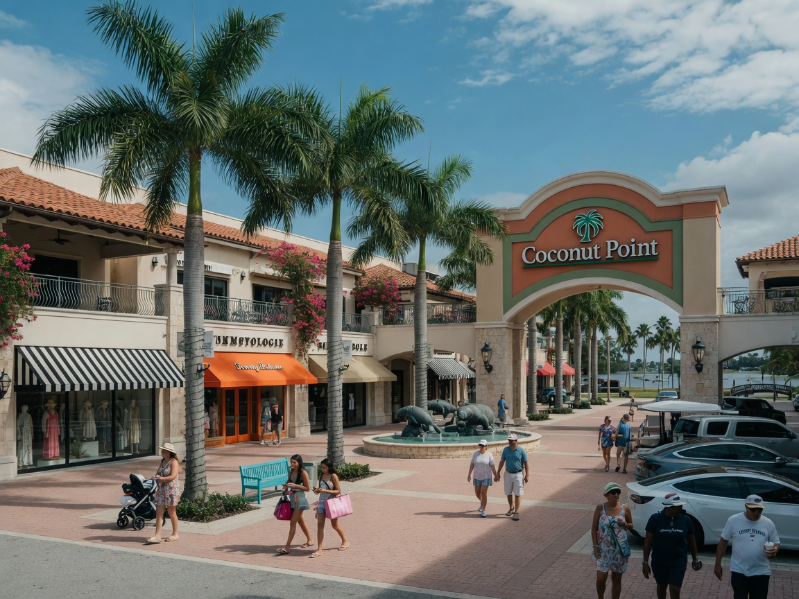 8K photo of Coconut Point Mall exterior with shoppers and palm trees in Estero Florida during daytime