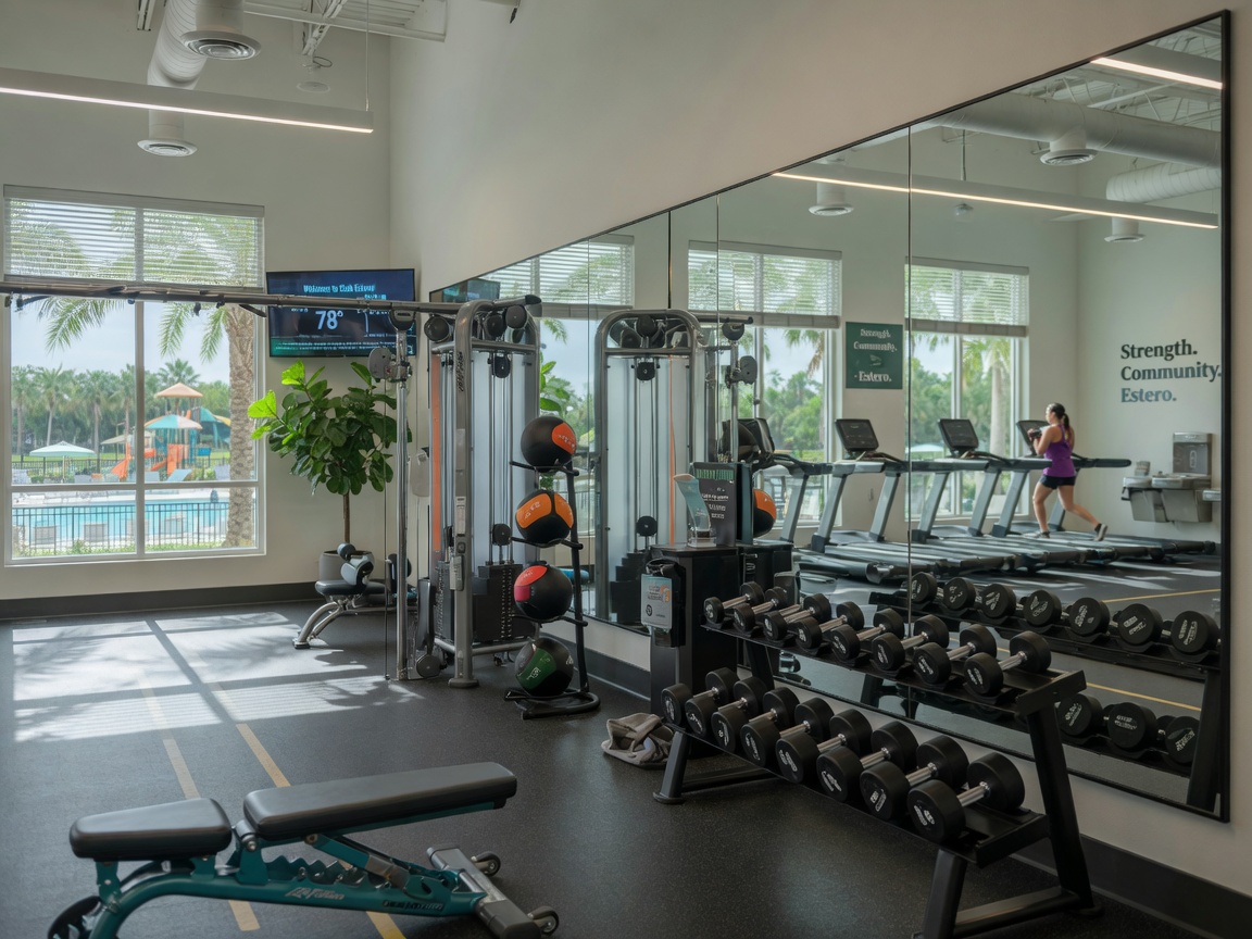 Fitness center interior with modern equipment, mirrors, and natural light overlooking community amenities in Estero, realistic 8K detail