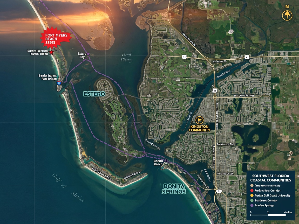 Map of Southwest Florida highlighting Fort Myers Beach 33931, Estero, Bonita Springs, and the location of Kingston community with clean cartographic design and realistic satellite imagery overlay