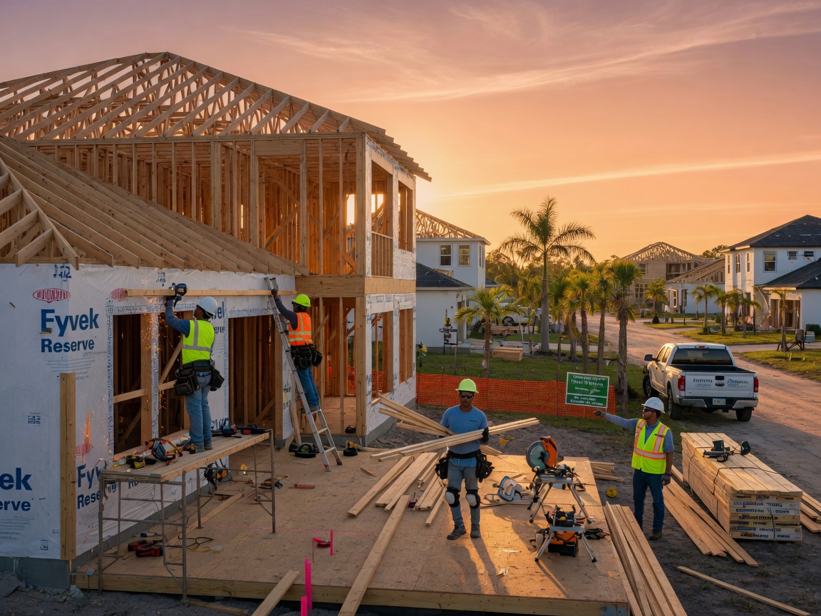 Ultra-realistic 8K image of new home construction process showing framing stage with workers in Estero Florida community