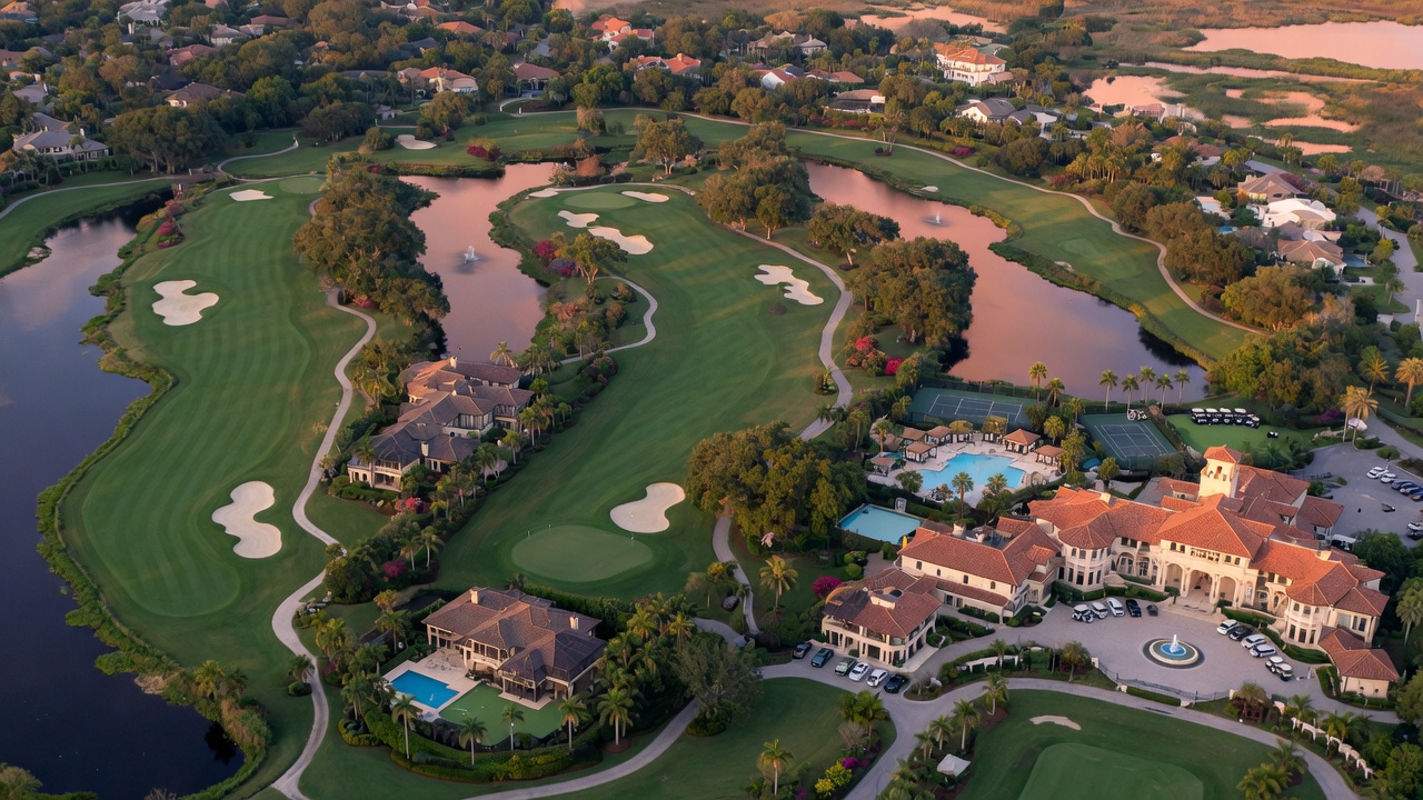 Ultra-realistic 8K aerial photograph of Mediterra Naples Florida luxury community showing two Tom Fazio golf courses with mature landscaping, private homes, and clubhouse complex at golden hour