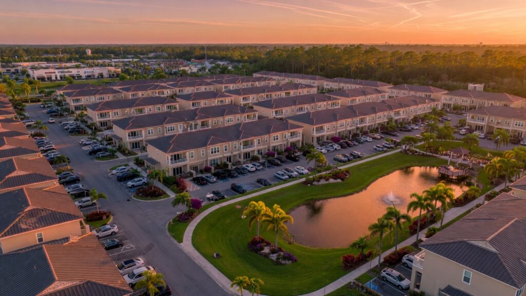 Ultra-realistic 8K aerial photograph of Solis Grande townhome community in Bonita Springs Florida showing tightly arranged modern two-story townhomes with community landscaping and parking areas during golden hour lighting