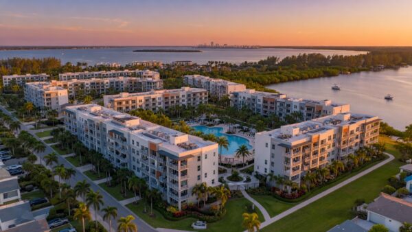 Ultra-realistic 8K aerial photograph of modern condominium buildings in Estero Florida 33928 with lush landscaping, blue skies, and distant water views during golden hour lighting