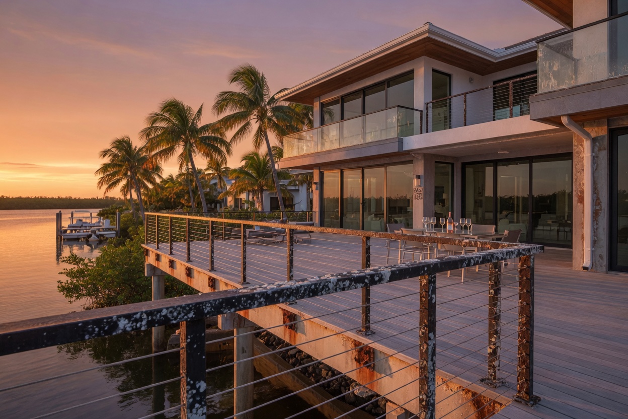 Ultra-realistic 8K photograph of a modern waterfront home in Estero Florida 33928 showing visible salt air corrosion on metal railings during golden hour sunset with palm trees in background