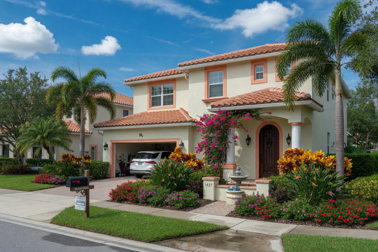 Ultra-realistic 8K photo of a beautiful single-family home in the Oaks of Estero community on a sunny Florida day with lush landscaping and blue sky