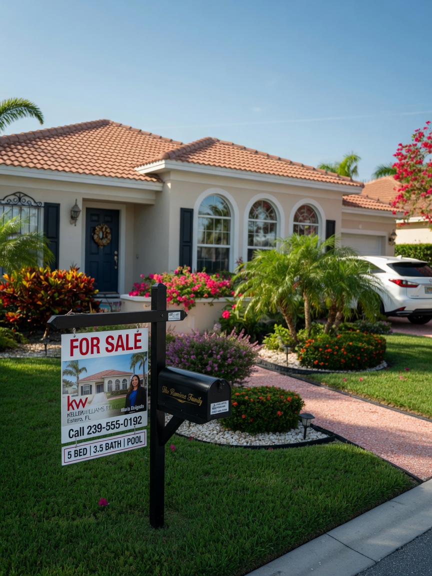 For Sale sign in front of well-maintained resale home in Estero Florida with professional landscaping, sunny day, photorealistic 8K image
