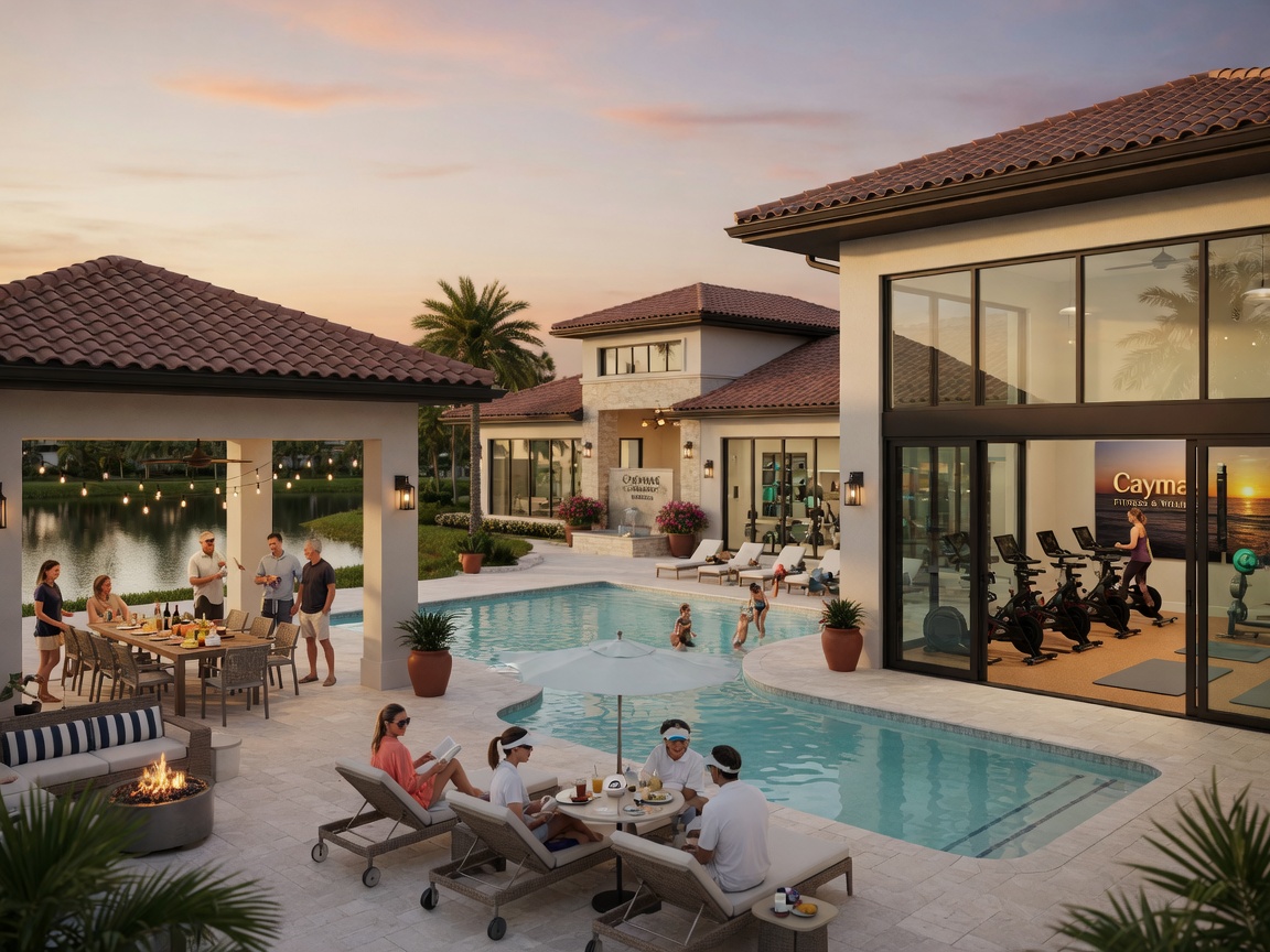 Professional 8K image of Caymas community clubhouse and amenity campus in Naples Florida showing pool area, fitness center, and gathering spaces with residents