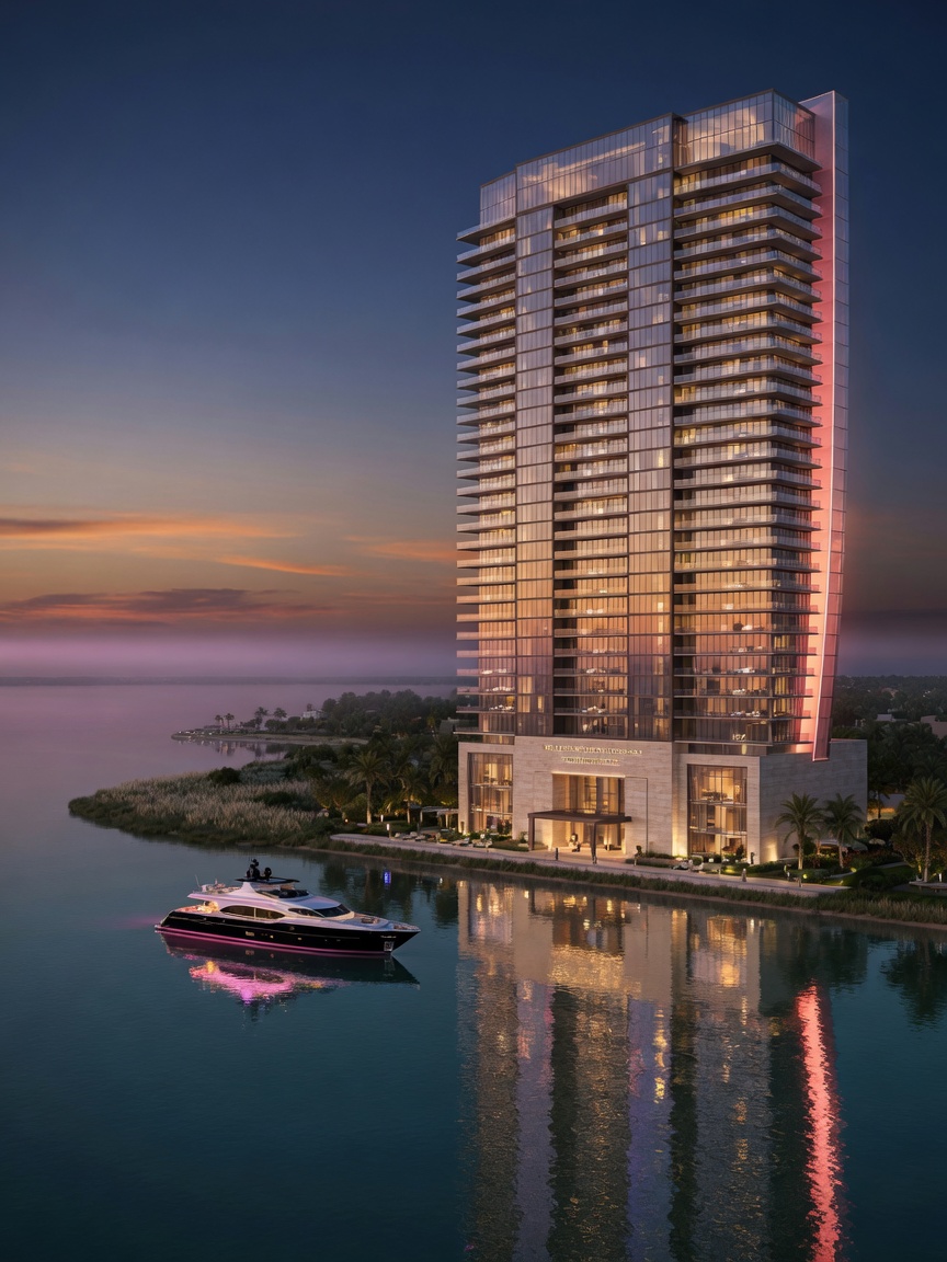 Architectural rendering of The Ritz-Carlton Residences North Tower at Saltleaf with dramatic evening lighting reflecting on Estero Bay waters in ultra-realistic 8K