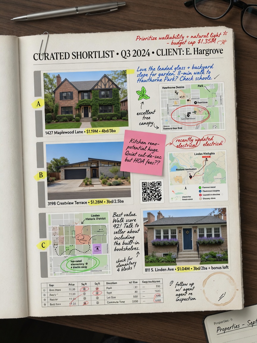 Professional ultra-realistic 8K photo of a customized property shortlist printed document with neighborhood maps, property photos and handwritten notes on premium paper