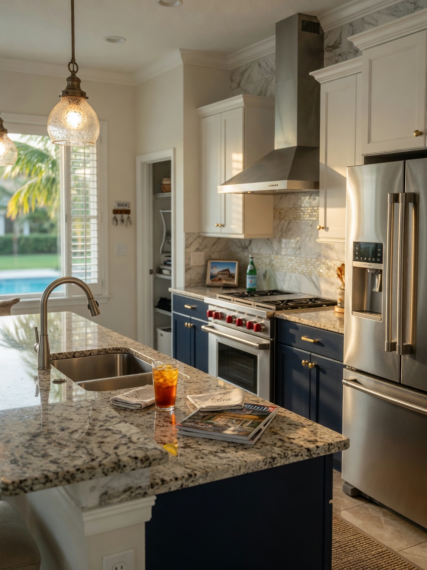Ultra-realistic 8K interior kitchen view inside a luxury Naples condo in Estero Florida 33928 with granite countertops and stainless appliances