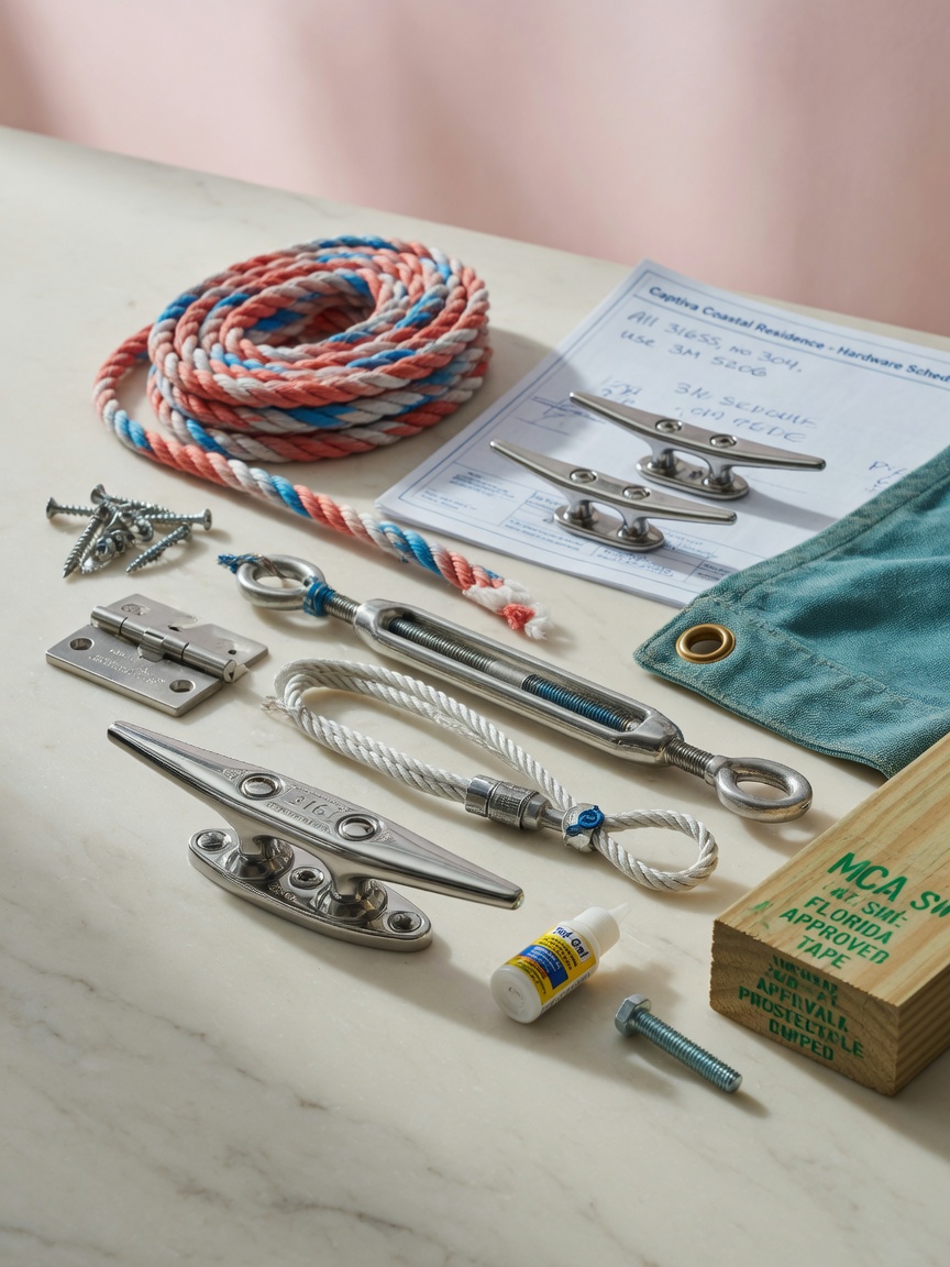 Ultra-realistic 8K photograph of corrosion resistant marine grade hardware and materials used for Favorites in Southwest Florida coastal homes