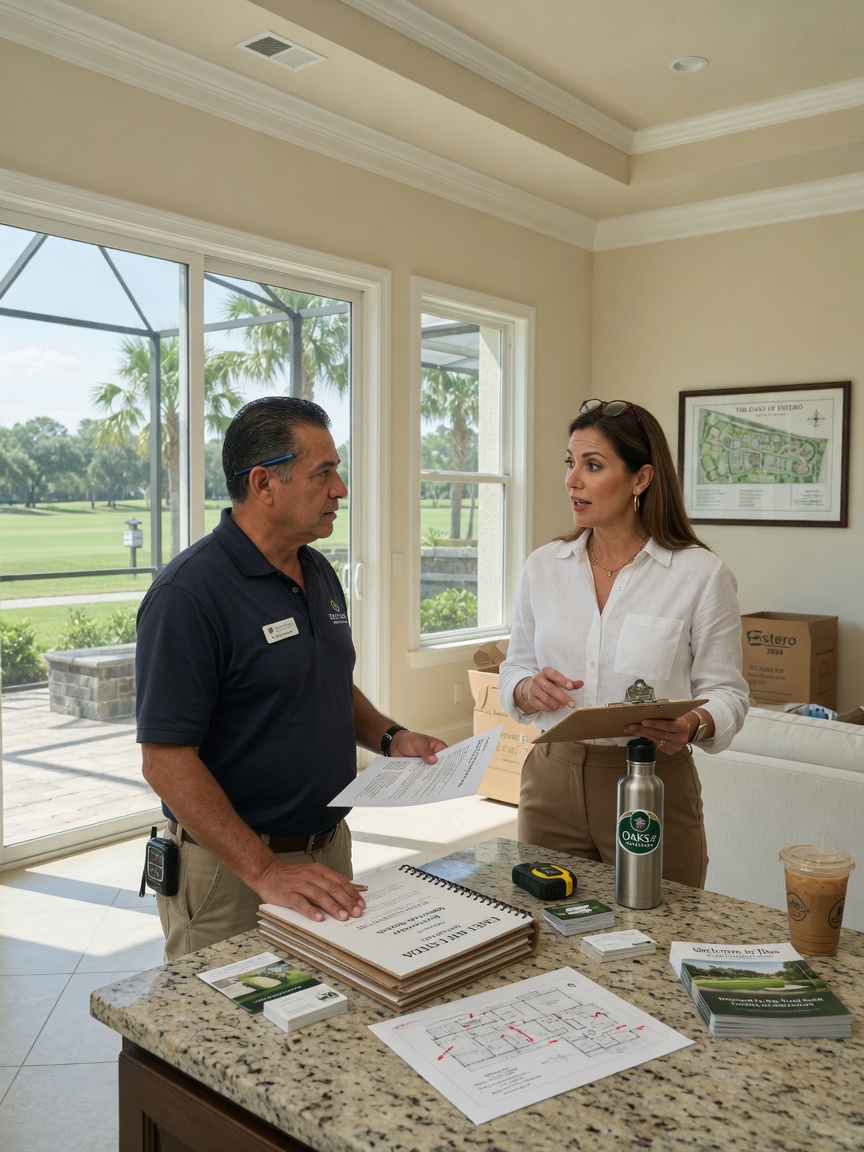 Homeowner speaking with contractor during free estimate consultation at a residence in Oaks of Estero, natural lighting 8K