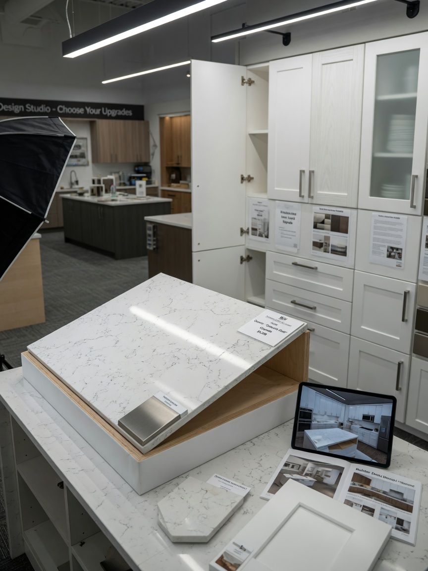 Modern kitchen upgrade selections at builder design studio showing quartz countertops and white cabinetry, clean commercial photography style, 8K