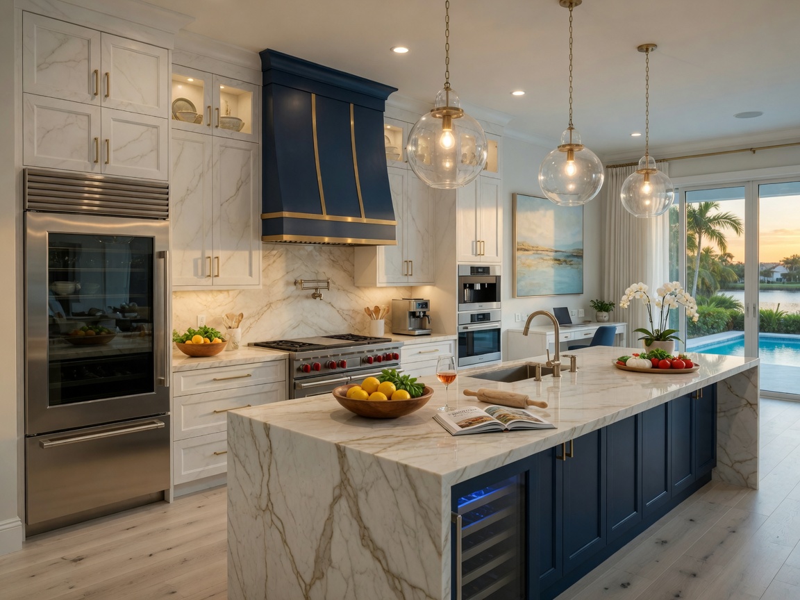 Ultra-realistic 8K interior kitchen view in a new Naples Florida luxury home featuring high-end appliances, custom cabinetry, large island, and premium finishes
