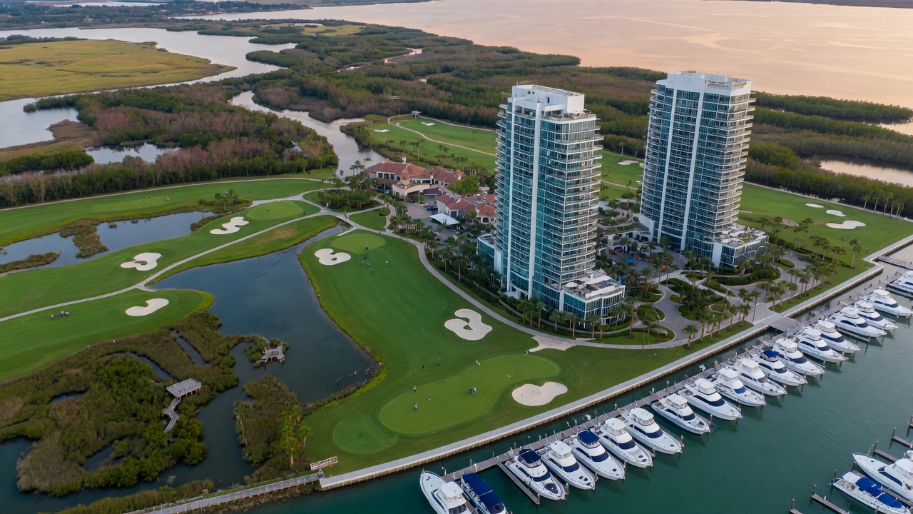 Aerial perspective of Saltleaf Golf Preserve and The Ritz-Carlton Residences showing the two luxury towers, golf course, marina and surrounding natural preserve areas