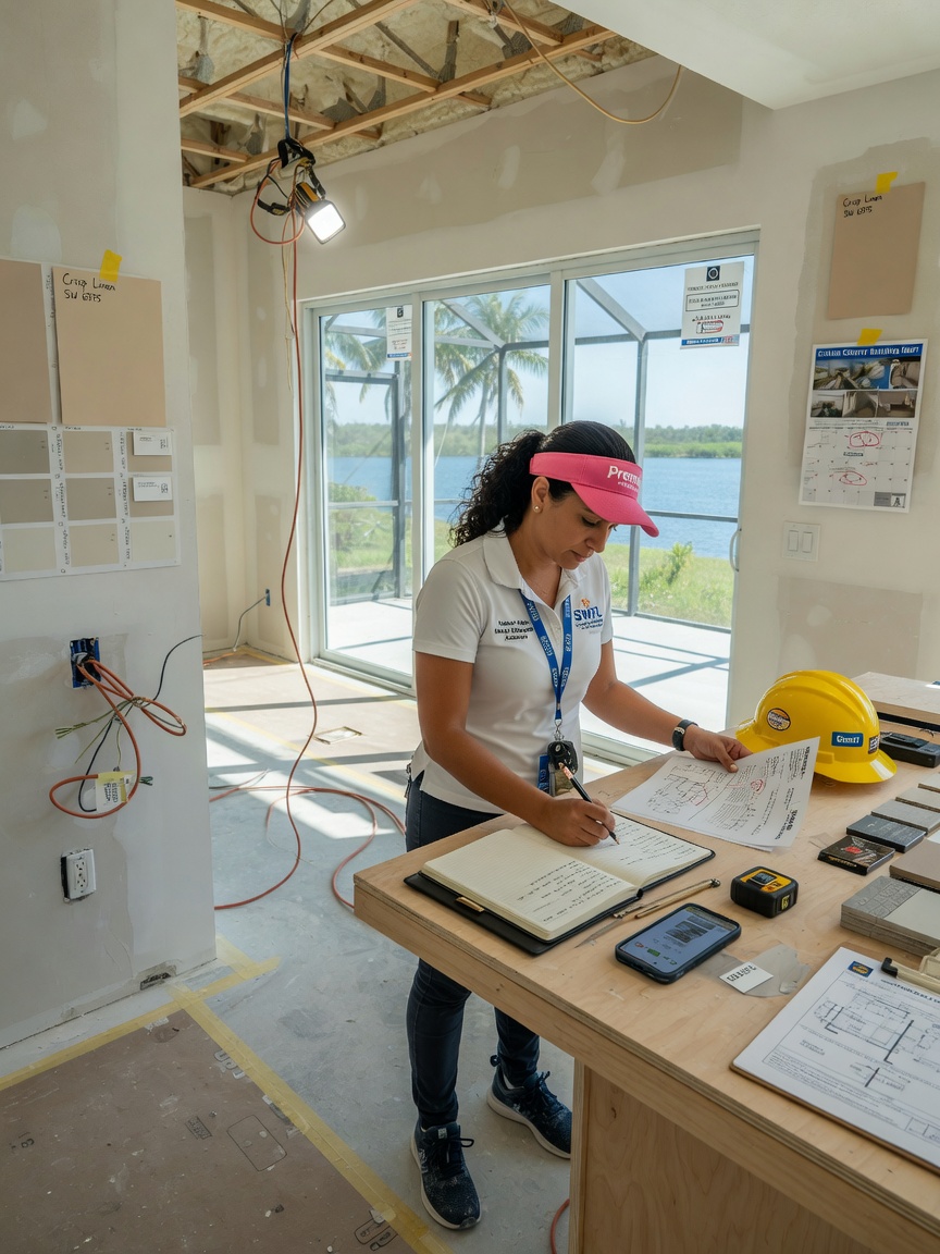 Ultra-realistic 8K image of a Southwest Florida real estate team member taking detailed notes while inspecting a new construction home interior in Naples area