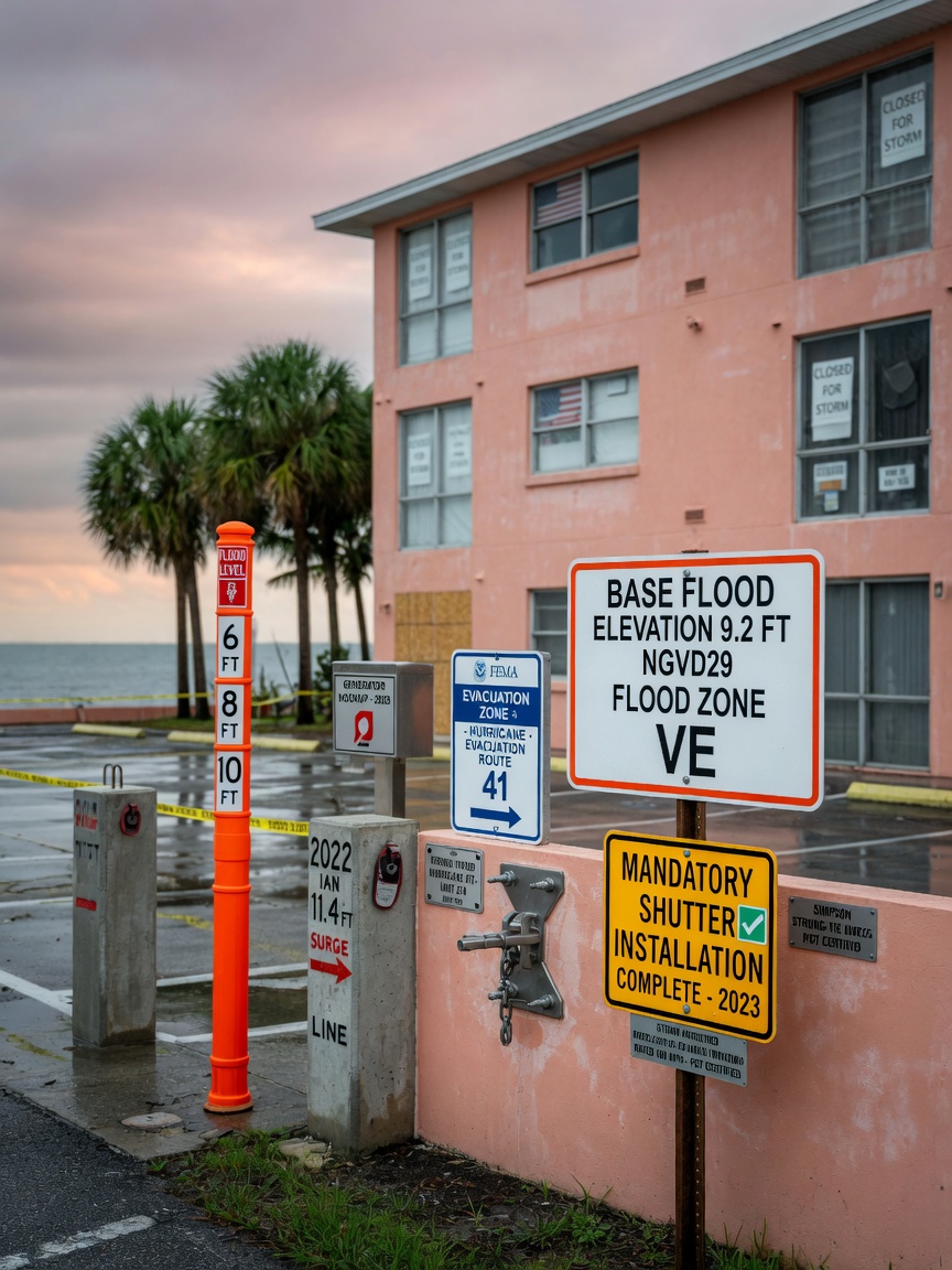 Ultra-realistic 8K photograph of flood zone elevation markers and hurricane preparedness features on a coastal condominium building in Southwest Florida