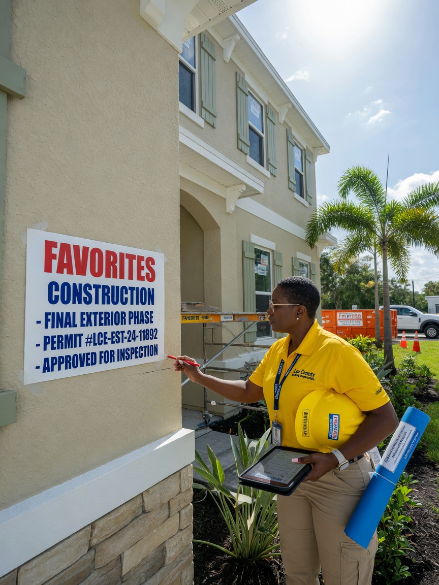 Ultra-realistic 8K image of Lee County building inspector examining completed Favorites work on an Estero home exterior in bright daylight