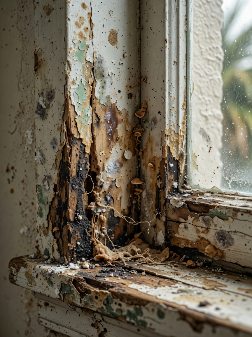 Ultra-realistic 8K close-up of wood rot damage on window frame caused by Florida humidity and salt air