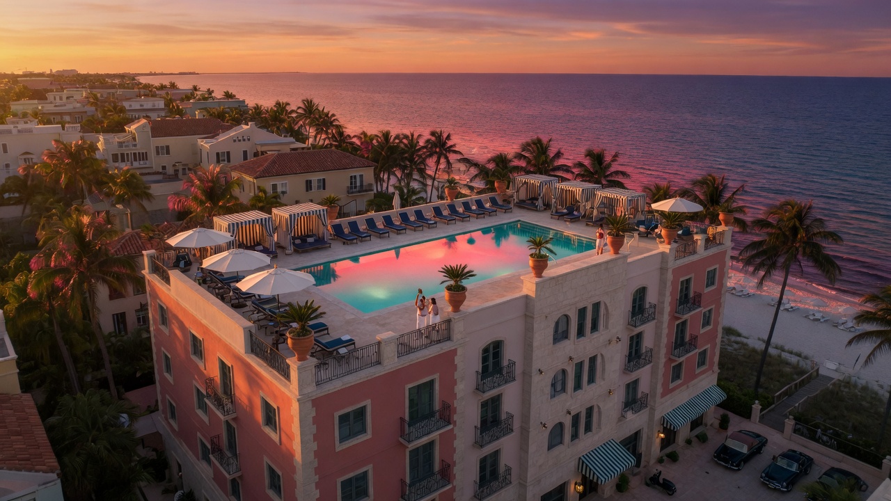 Cinematic 8K aerial view of Old Naples boutique luxury condominium building with rooftop pool deck, surrounded by palm trees and near the beach at sunset