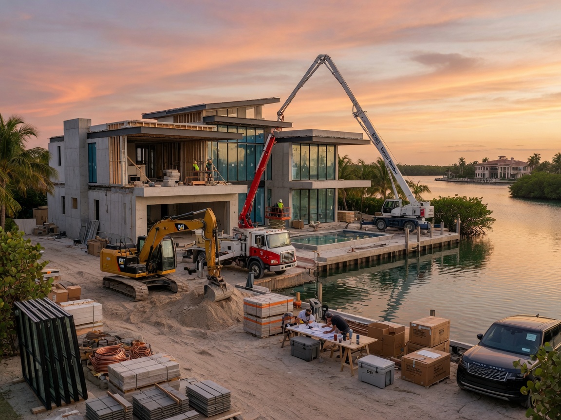 Custom luxury home construction in Imperial Shores Bonita Springs with modern architecture on waterfront lot, heavy equipment and building materials visible during golden hour
