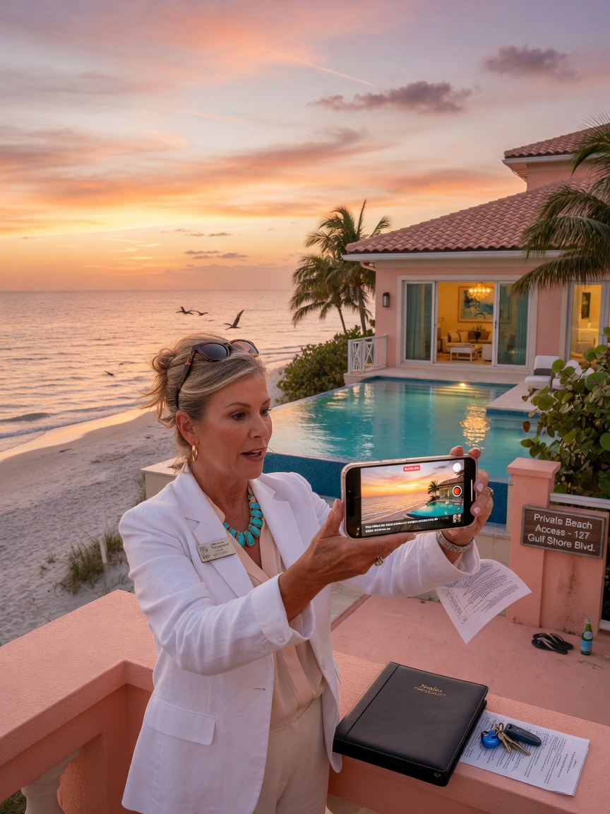 Ultra-realistic 8K photograph of an experienced real estate agent on site at a beachfront Naples property taking video for an out-of-state client, golden sunset light