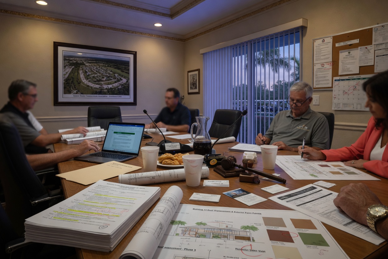 Ultra-realistic 8K image of HOA board meeting room inside a Naples condo community clubhouse in Estero with documents and architectural plans