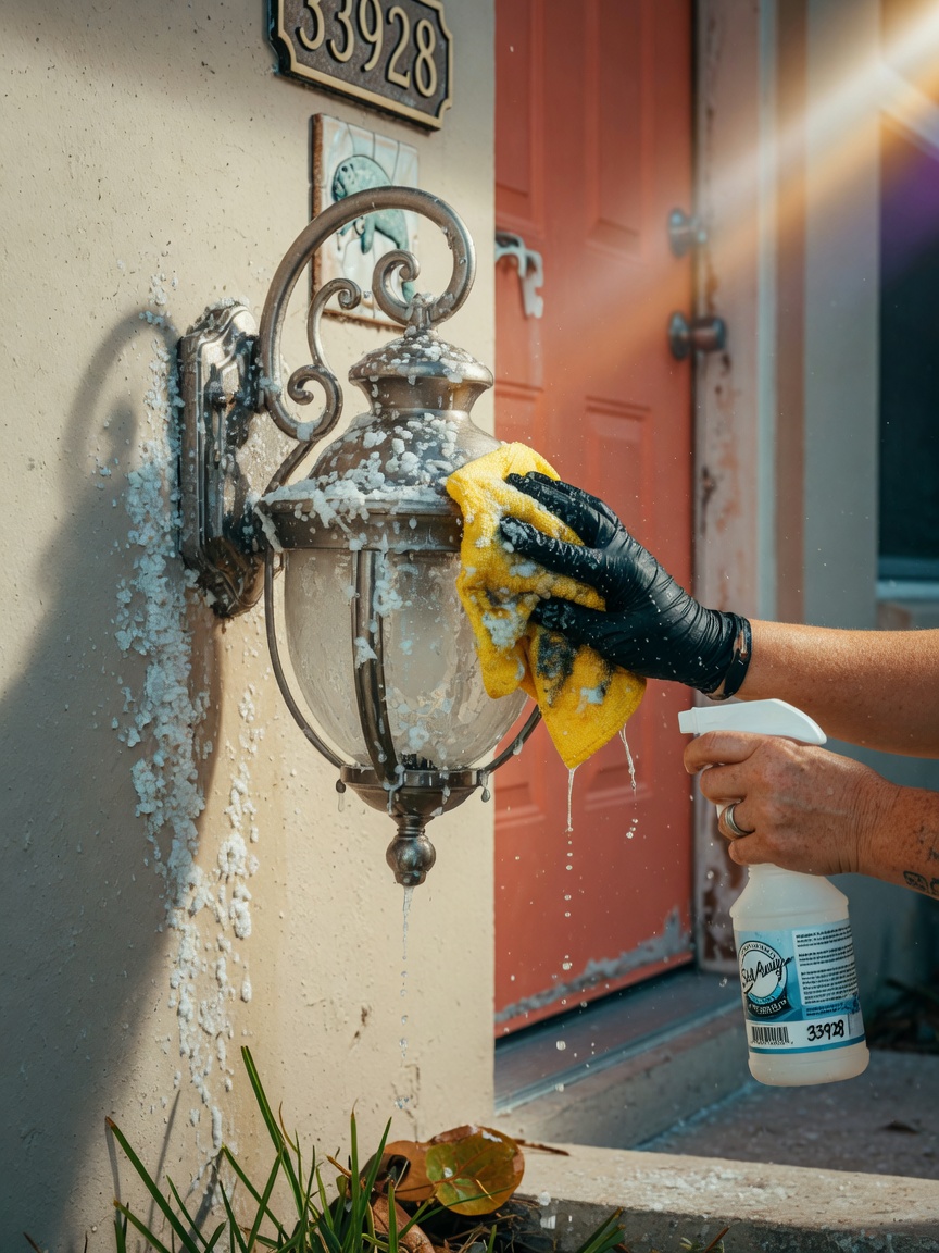 Ultra-realistic 8K close-up of technician cleaning salt deposits from exterior fixtures of a home in Estero Florida 33928