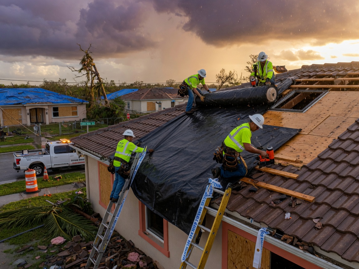 Emergency storm tarping and board-up service being performed same day on a roof in Estero Florida after hurricane, dramatic 8K photo