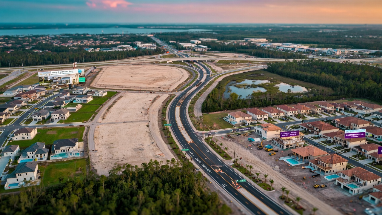 Aerial view of Corkscrew Road new development corridor in Estero Florida showing multiple communities and future growth areas, dramatic 8K perspective