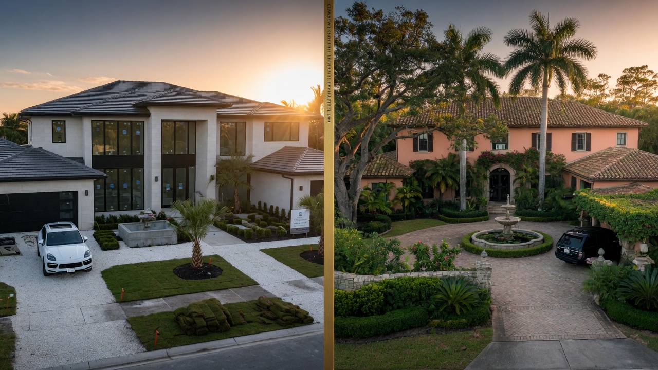 8K realistic image comparing side-by-side luxury homes: new construction in Corkscrew corridor versus established Mediterra estate home with mature landscaping