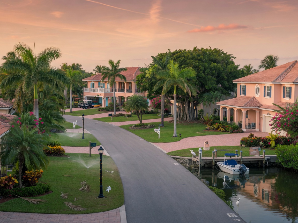 Peaceful street view in Imperial Shores neighborhood showing established custom homes with mature tropical landscaping and waterfront access in realistic photographic style