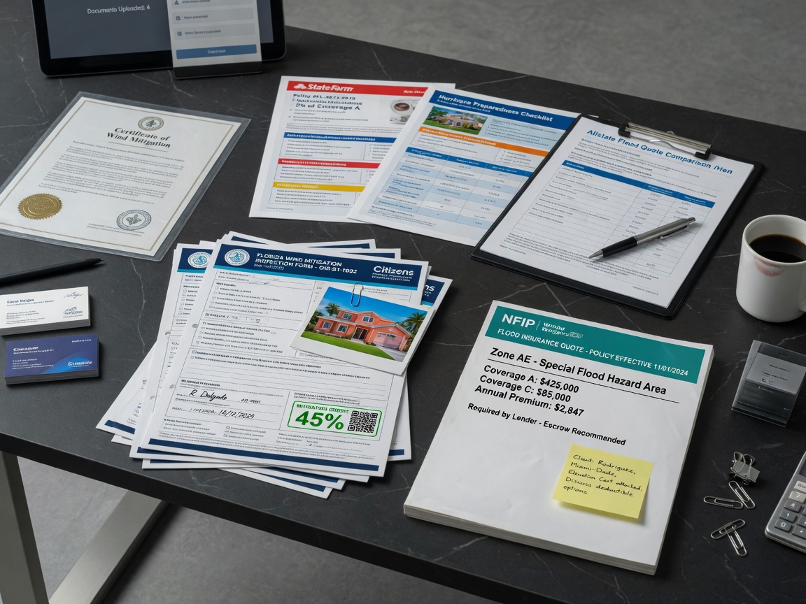 Ultra-realistic 8K image depicting various insurance documents, Florida wind mitigation forms, and flood insurance quotes arranged neatly on a modern office desk