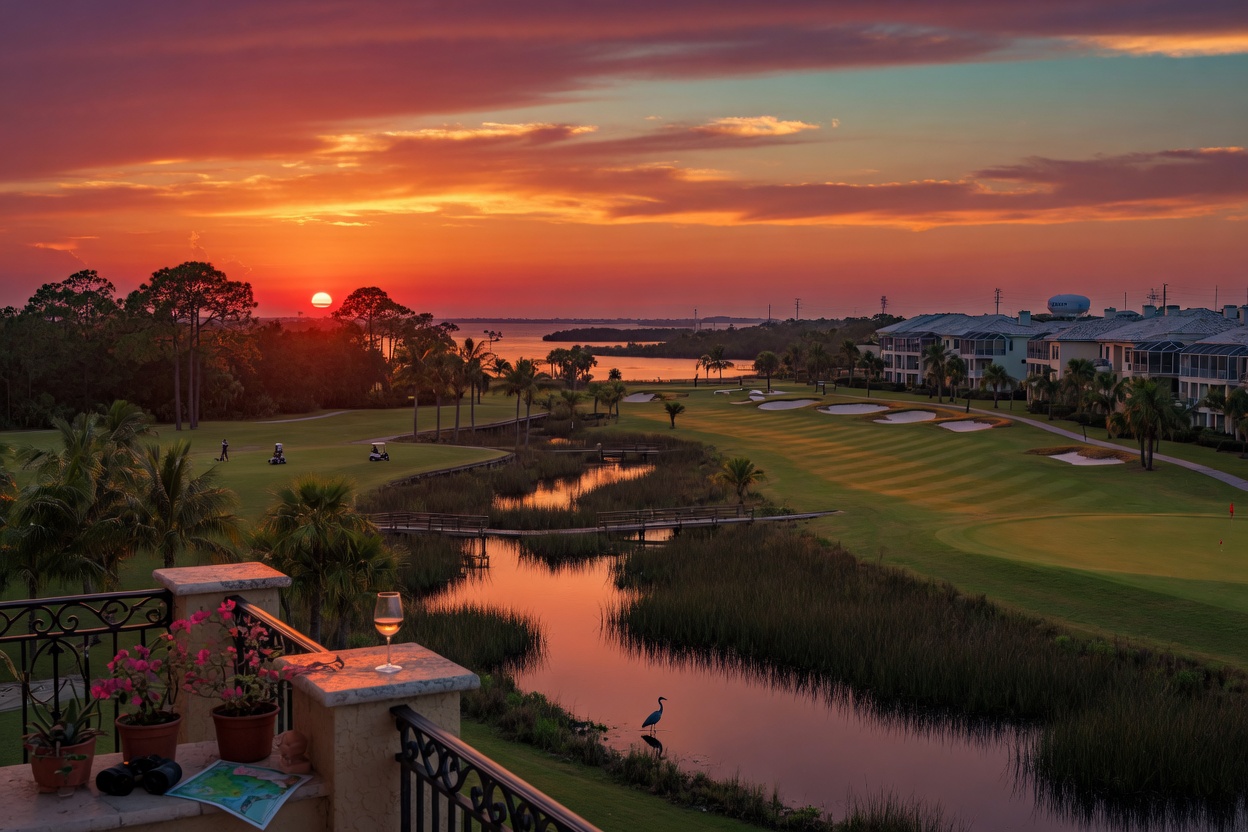 Ultra-realistic 8K sunset view from balcony of a Naples condo overlooking wetlands and golf course in Estero Florida